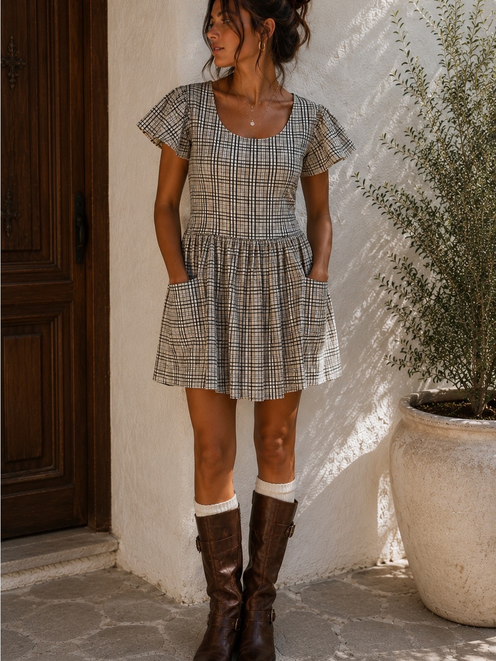 Urban Renewal Vintage Fabric Plaid Babydoll Prairie Dress Made in USA M